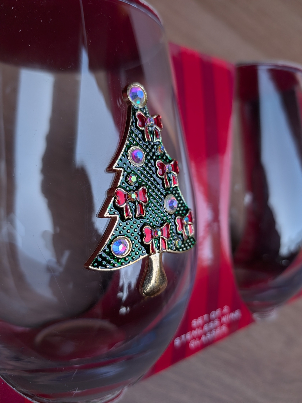 Jeweled Christmas Tree Stemless Wine Glasses Set of 2 Holiday Barware